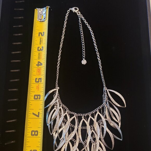 Triple Layered Brushed Silver Tone Feather Bib Necklace - Picture 9 of 13